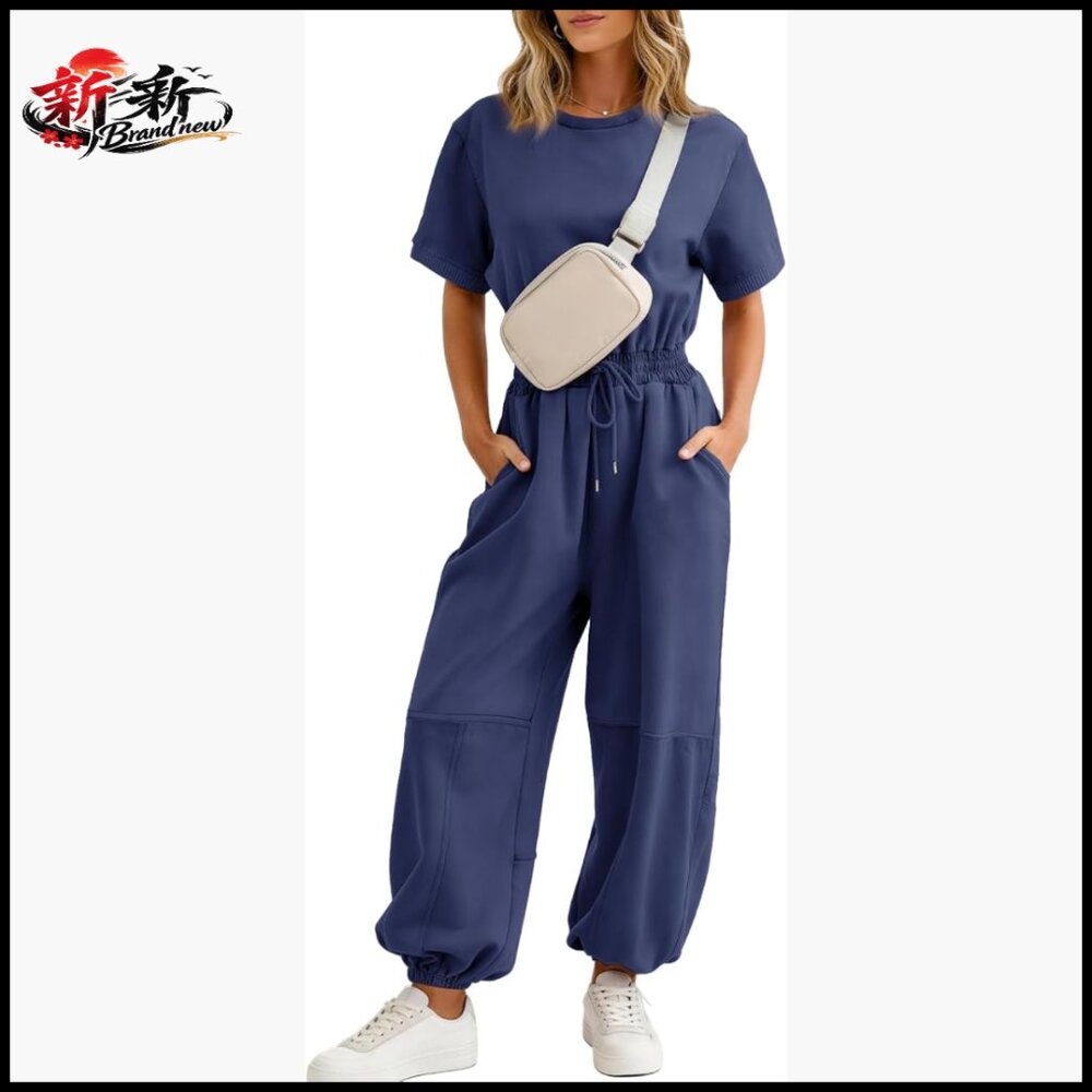 Cotton Blend Jumpsuit With Pockets And Adjustable Drawstring